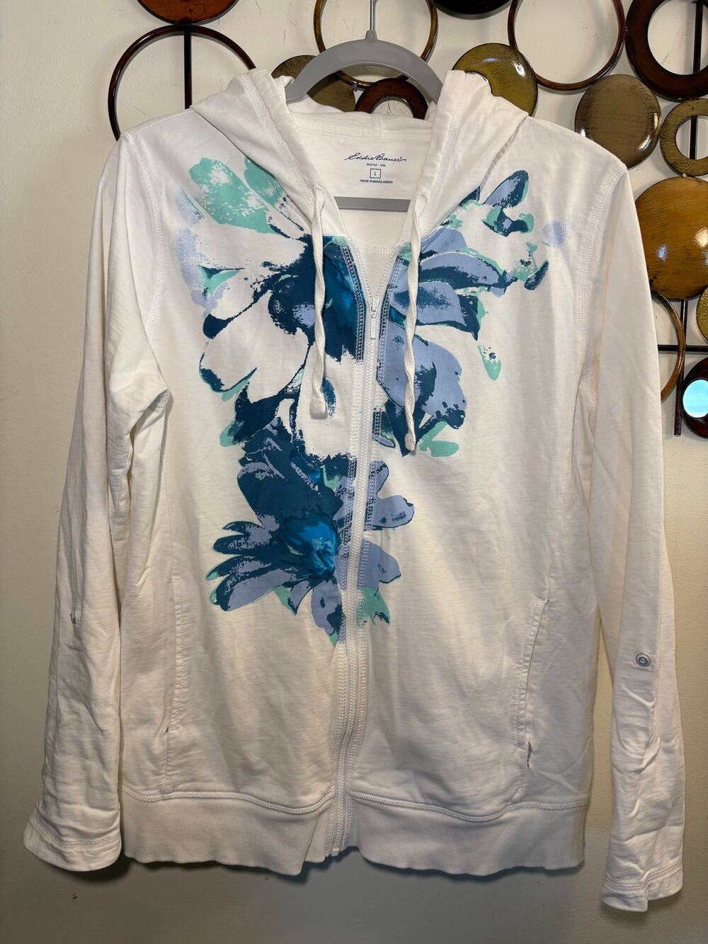 Eddie Bauer large light weight white floral full zip hoodie with roll up sleeves